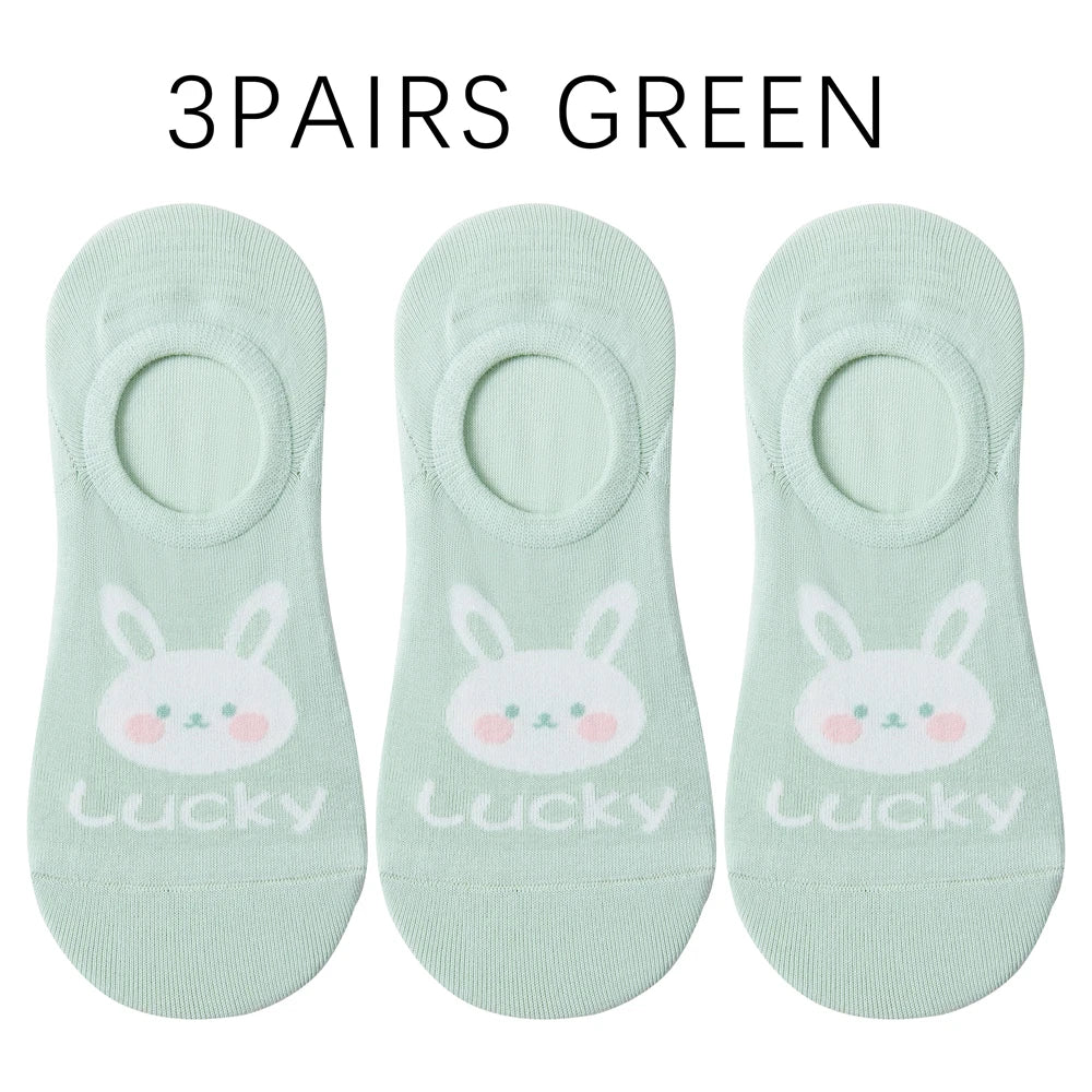 Kawaii Rabbit No Show Socks For Women 3 Pairs Cotton