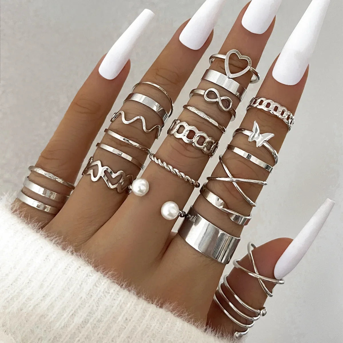 Silver Geometric Knuckle Rings Set for Women with Eye Cross Sun Moon Leaf Charms Boho Jewelry