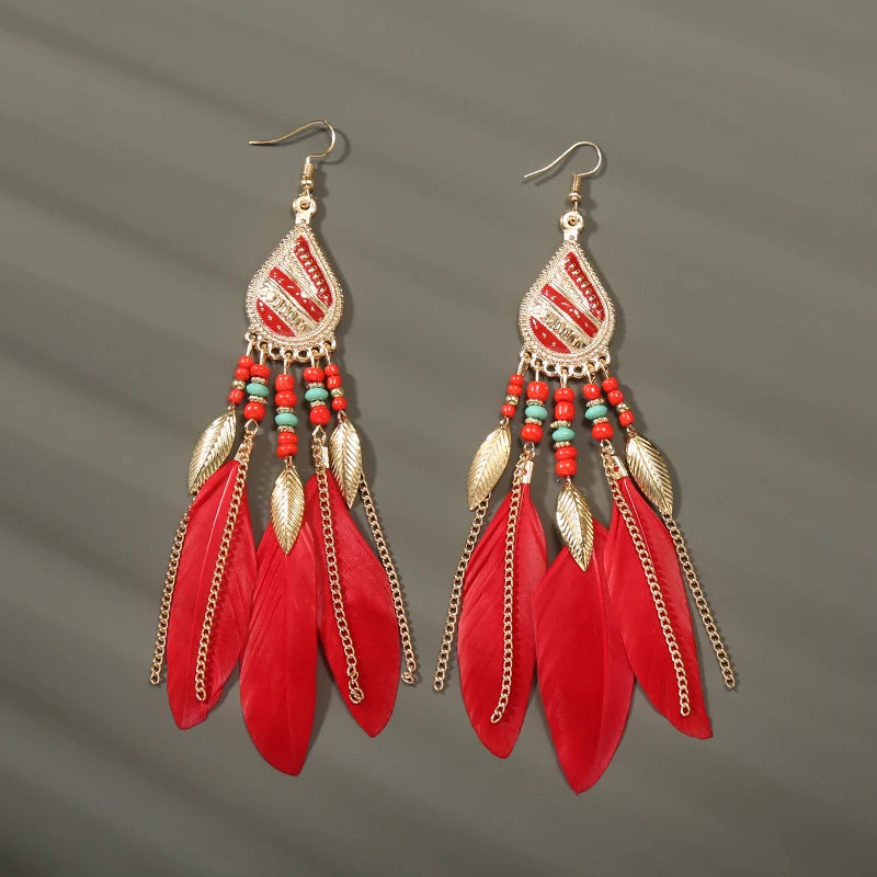 Bohemian Long Feather Drop Earrings with Tassel Beads and Enamel Flowers for Women