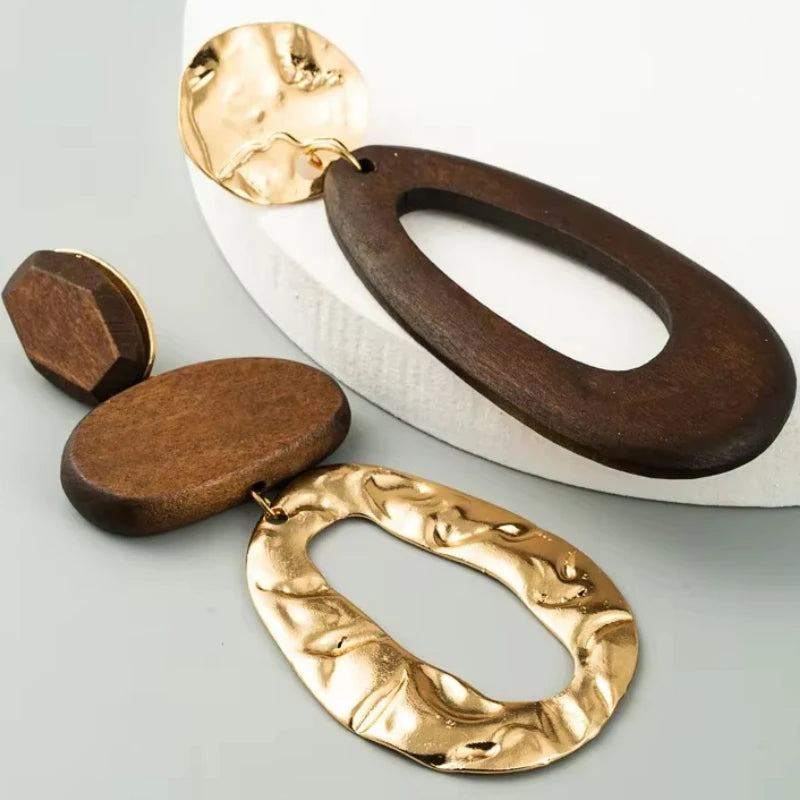 Vintage Alloy Wood Long Drop Earrings for Women - Elegant Banquet Style