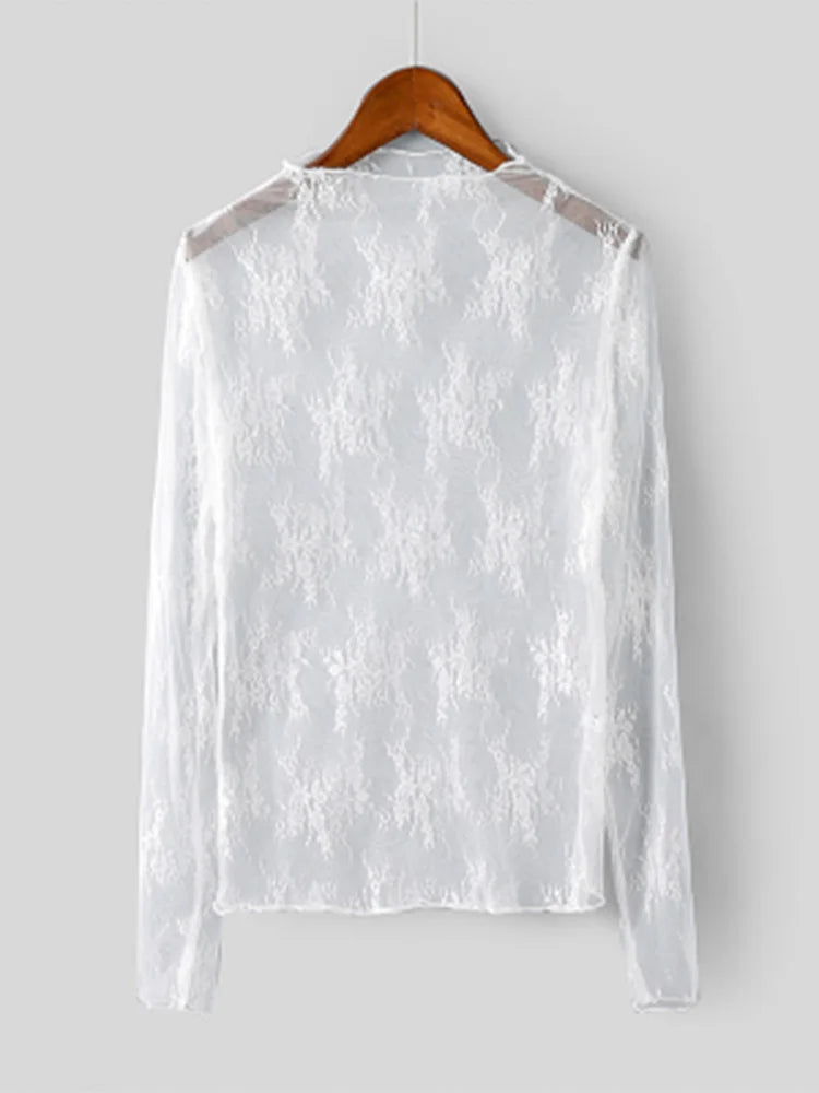 Summer Lace Embroidered Mesh Blouse See Through Black Top