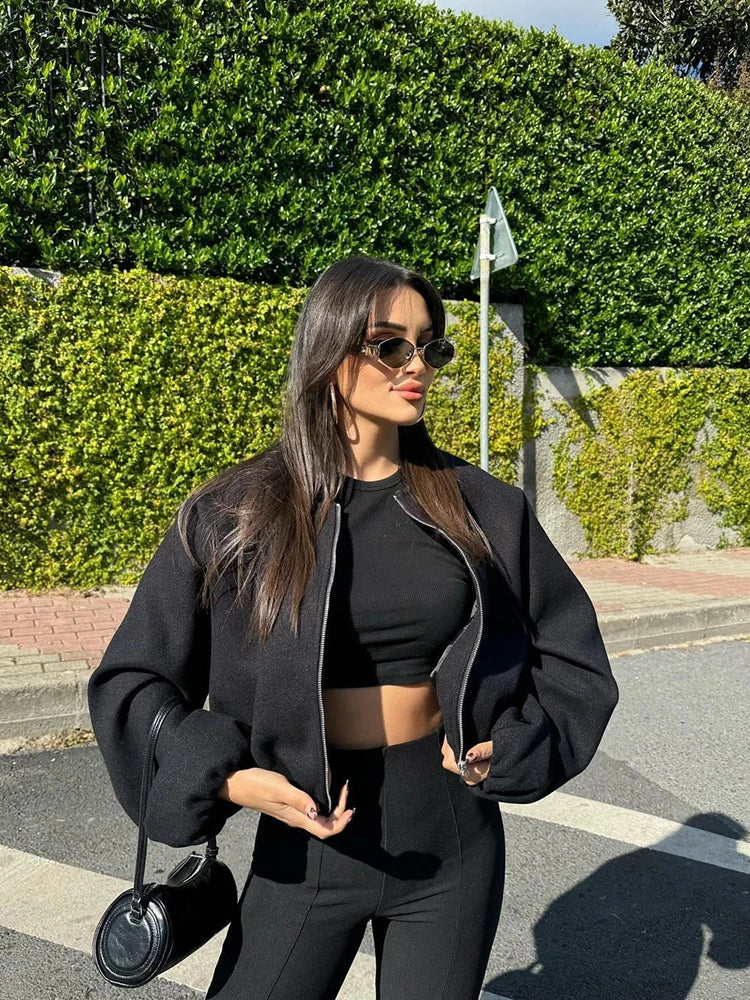 Soft Bomber Jacket For Women Front Zipper Long Sleeve Coat