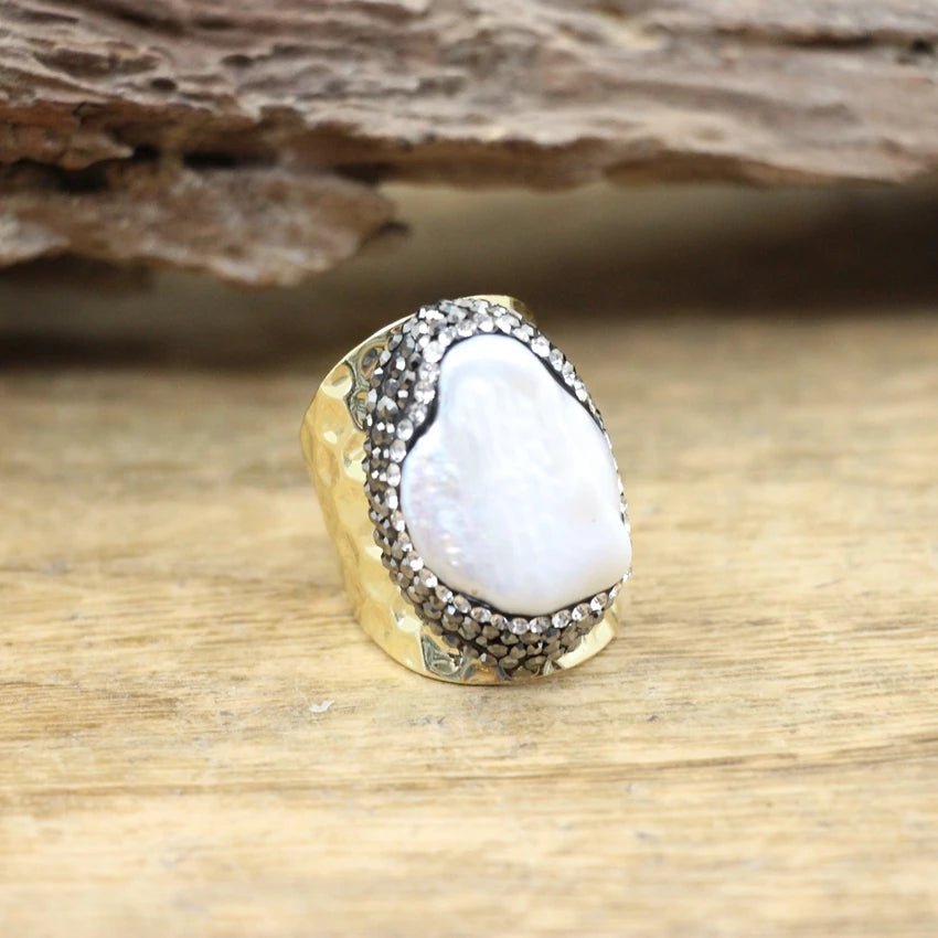 Irregular Freshwater Pearl Open Ring Adjustable Baroque Design Gold Plated Unisex Boho Jewelry Gift
