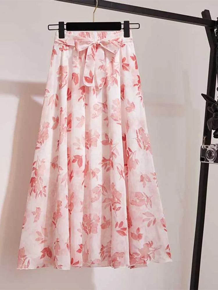 Chiffon Midi Skirt Women High Waist Korean Style White