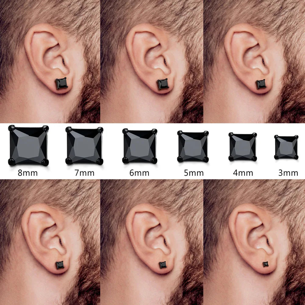 Hypoallergenic 316L Stainless Steel Square Round CZ Stud Earrings Set for Sensitive Ears Unisex 3-8MM