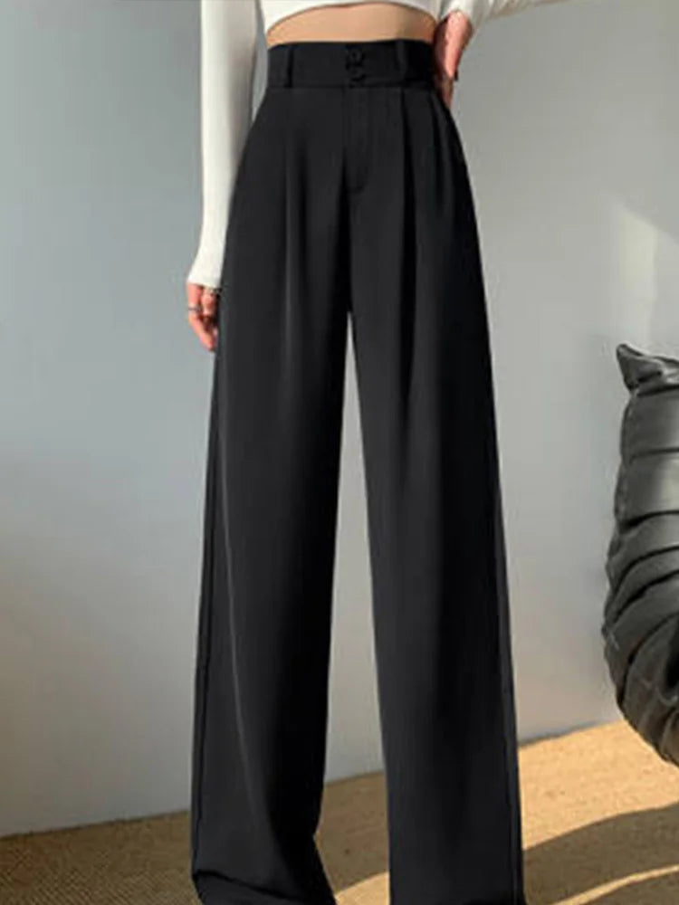 High Waist Wide Leg Pants Women Coffee Autumn Double Buttons
