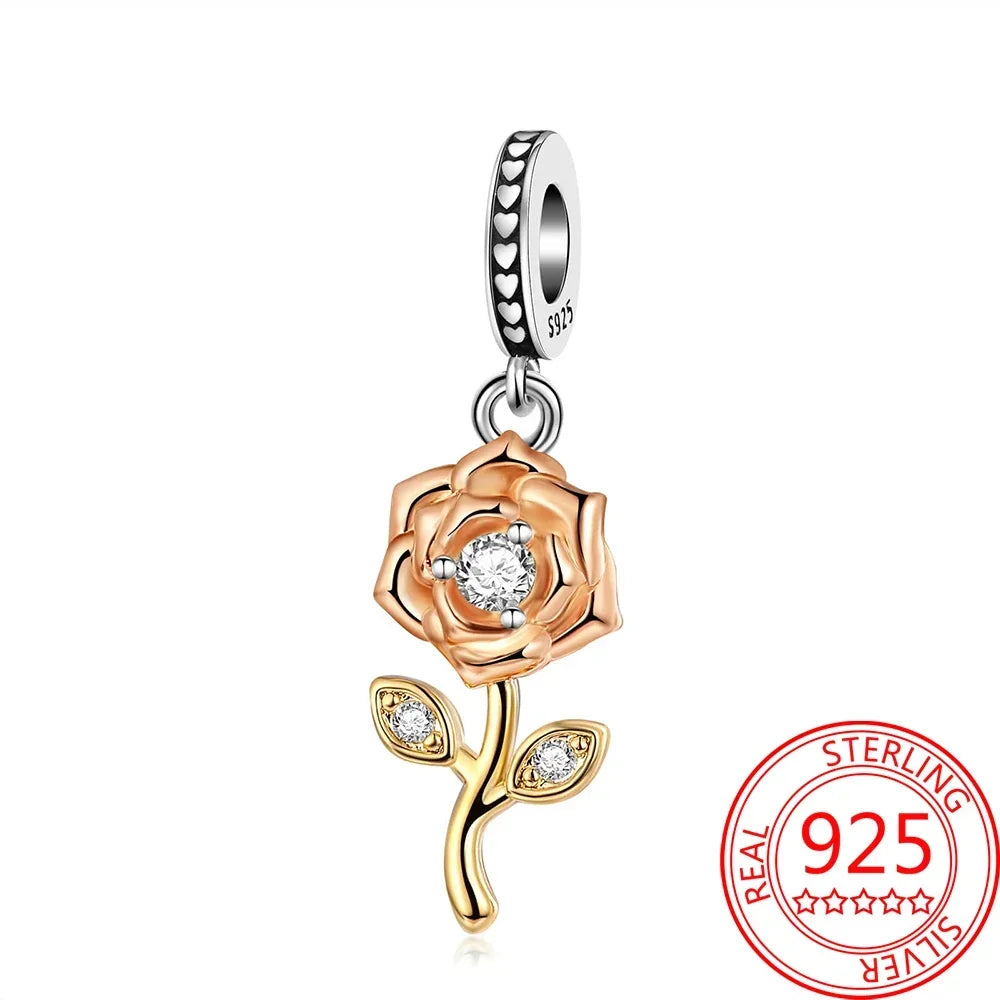 925 Sterling Silver Rose Sakura Flower Dangle Charm with Zircon for DIY Jewelry and Bracelets