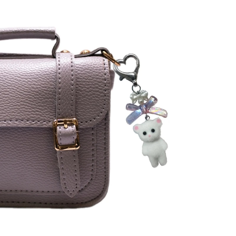 Charming Animal Flocking Keychain with Bowknot Pendant for Women