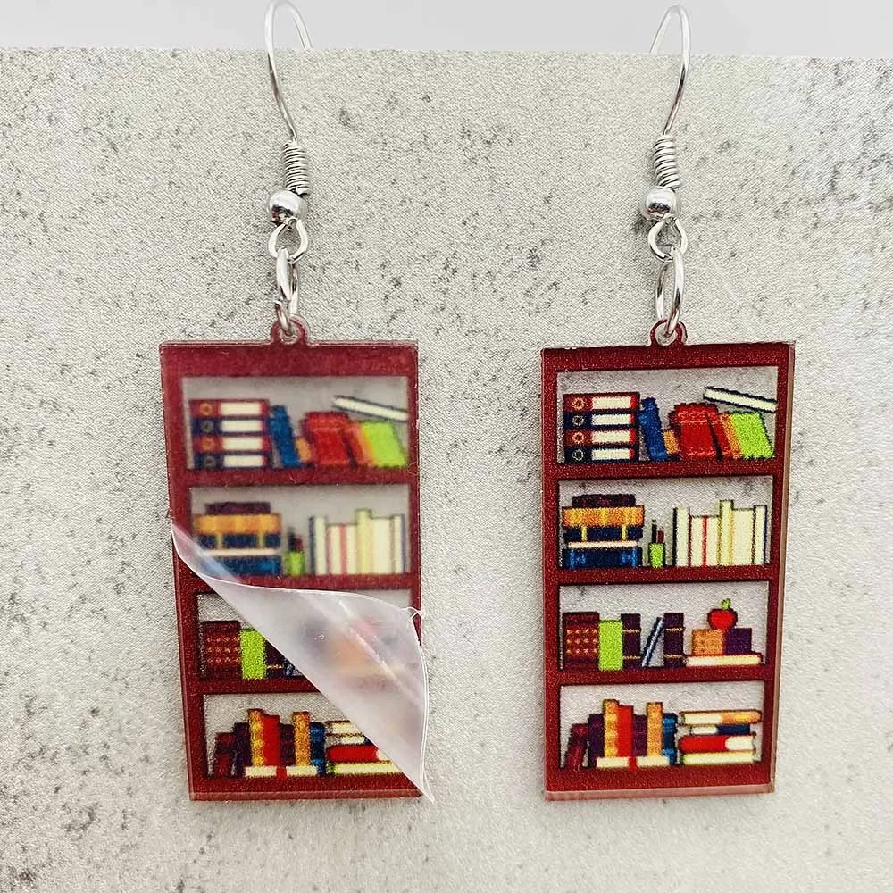 Cat Bookcase Dangle Earrings for Women Geometric Acrylic Rabbit Love Jewelry Gift for Teachers and Readers