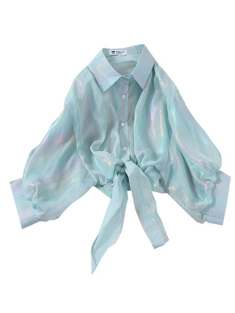 Sparkling Buttoned Waist Blouse For Women Half Sleeve
