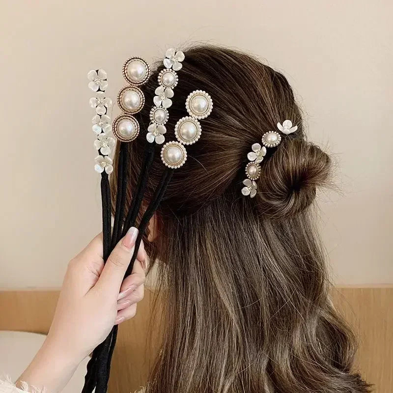 Elegant Pearl Flower Bun Maker Korean Lazy Hair Curlers for Effortless Styling