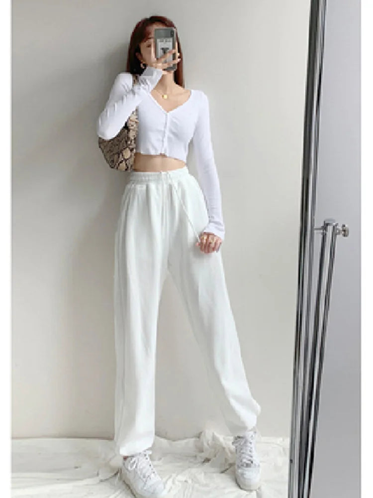 Korean White Blue High Waist Loose Drawstring Harem Pants