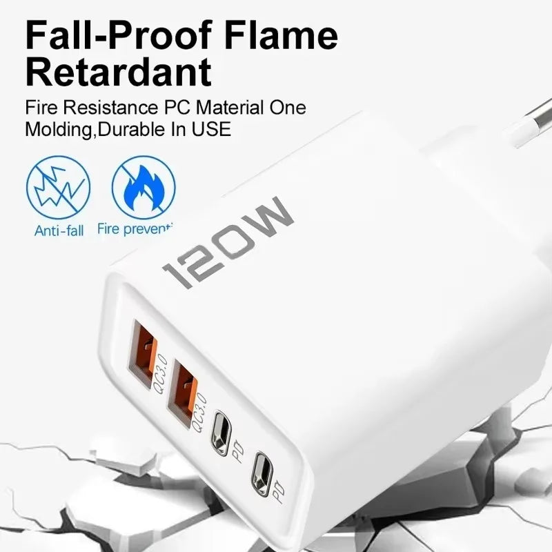 120W 4 Port USB C Fast Charger With Data Cable 2 USB C 2 USB A Ports For Samsung iPhone Xiaomi Huawei