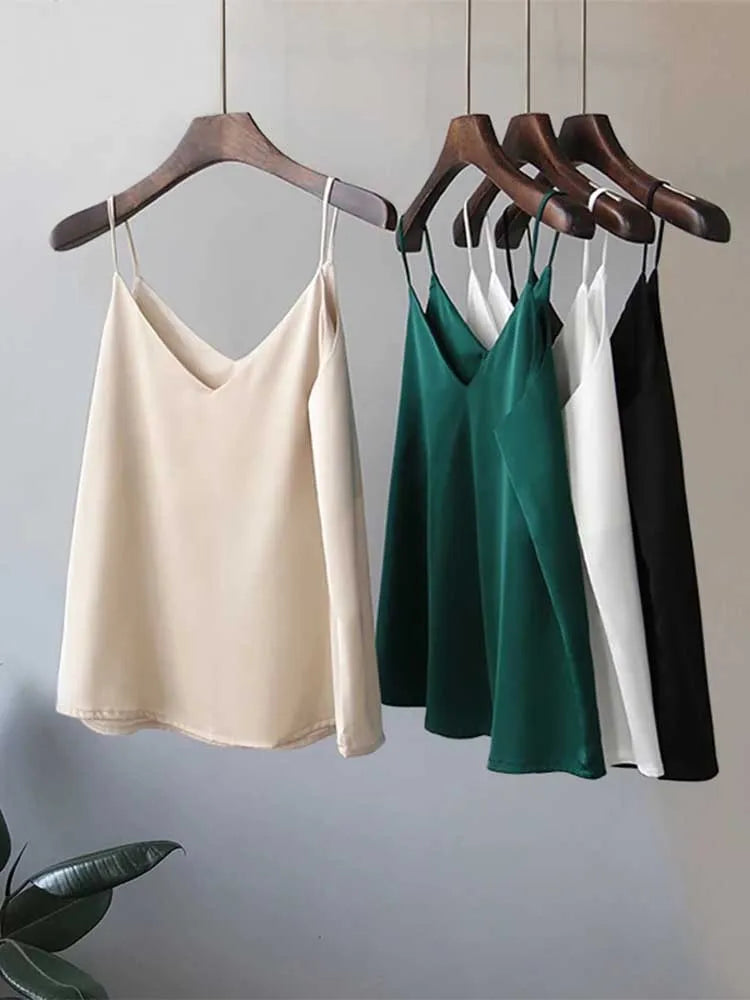 Women Satin V Neck Chiffon Camisole Tank Top Casual