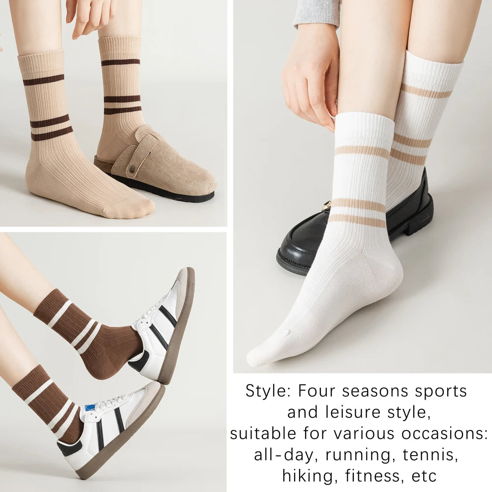 3 Pairs Soft Combed Cotton Crew Socks Women Stripes