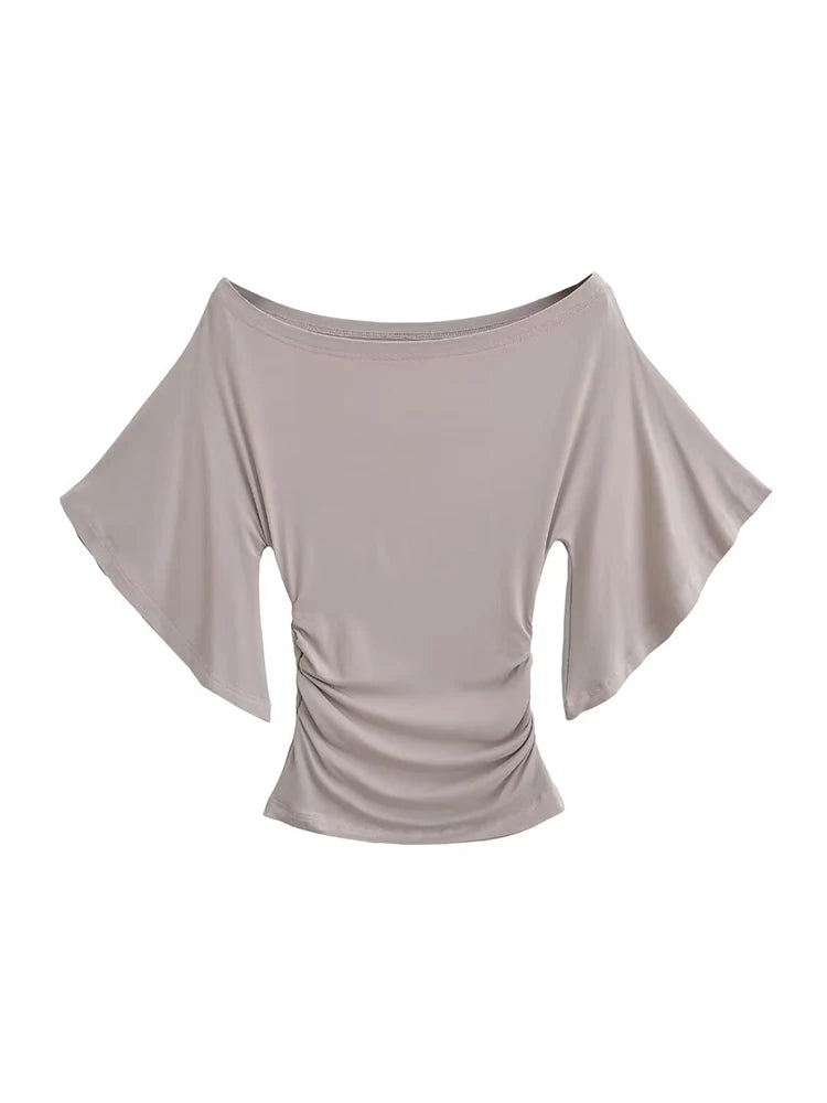 Dozw Women Off Shoulder Bat Sleeve Slim Top Cinched Waist