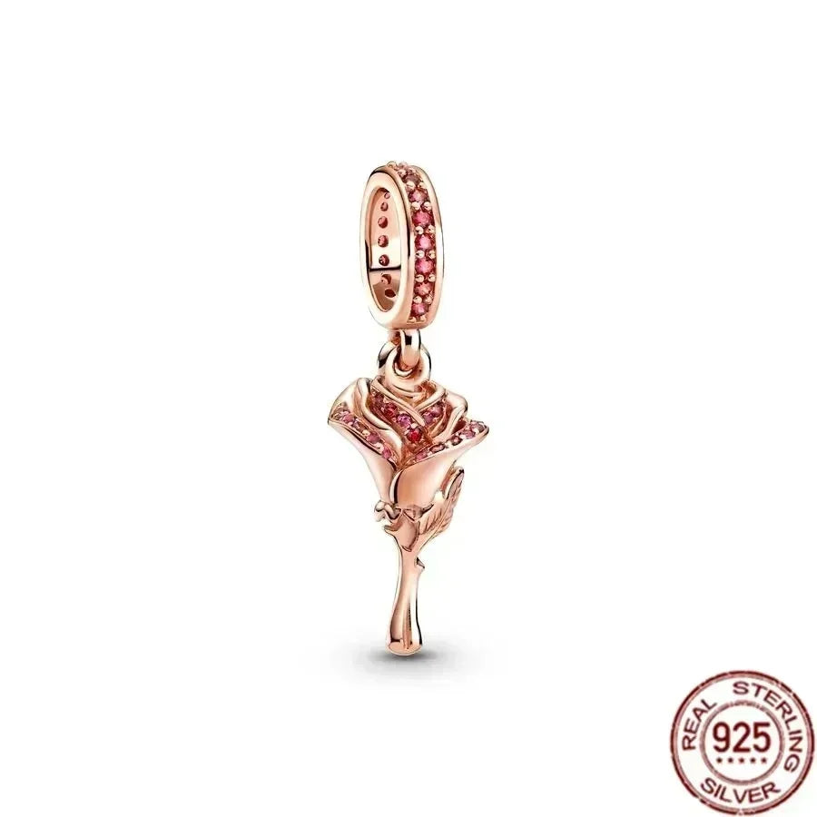 Sterling Silver Pink Blossom Dangle Charm with Butterfly Heart Flower Rose and Bird Bead for DIY Necklace and Bracelet Jewelry