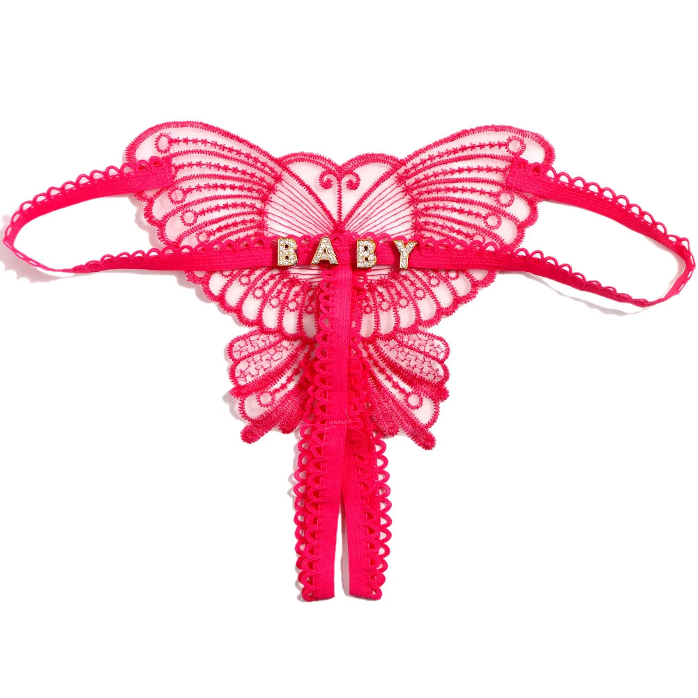 Personalized Butterfly Name Thong Set - Sexy Transparent G-String Lingerie for Women