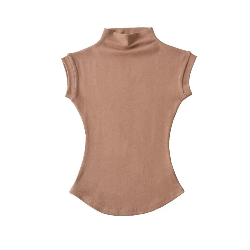 Women Summer Slim Fit Sleeveless Turtleneck Top Casual Solid Color Jersey Tee