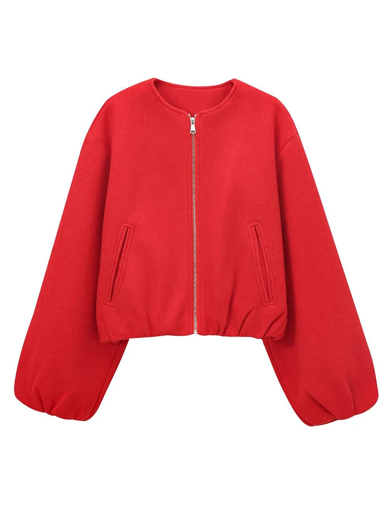 Soft Bomber Jacket For Women Front Zipper Long Sleeve Coat