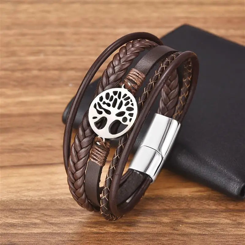 Men's Leather Bracelet with Stainless Steel Tree of Life Charm - Stylish Multi-Layer Fashion Accessory