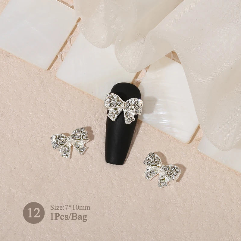 Elegant Gold Silver Metal Bowknot Nail Charm 3D Rhinestone Decor for DIY Manicure Art