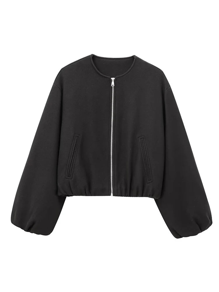 Soft Bomber Jacket For Women Front Zipper Long Sleeve Coat