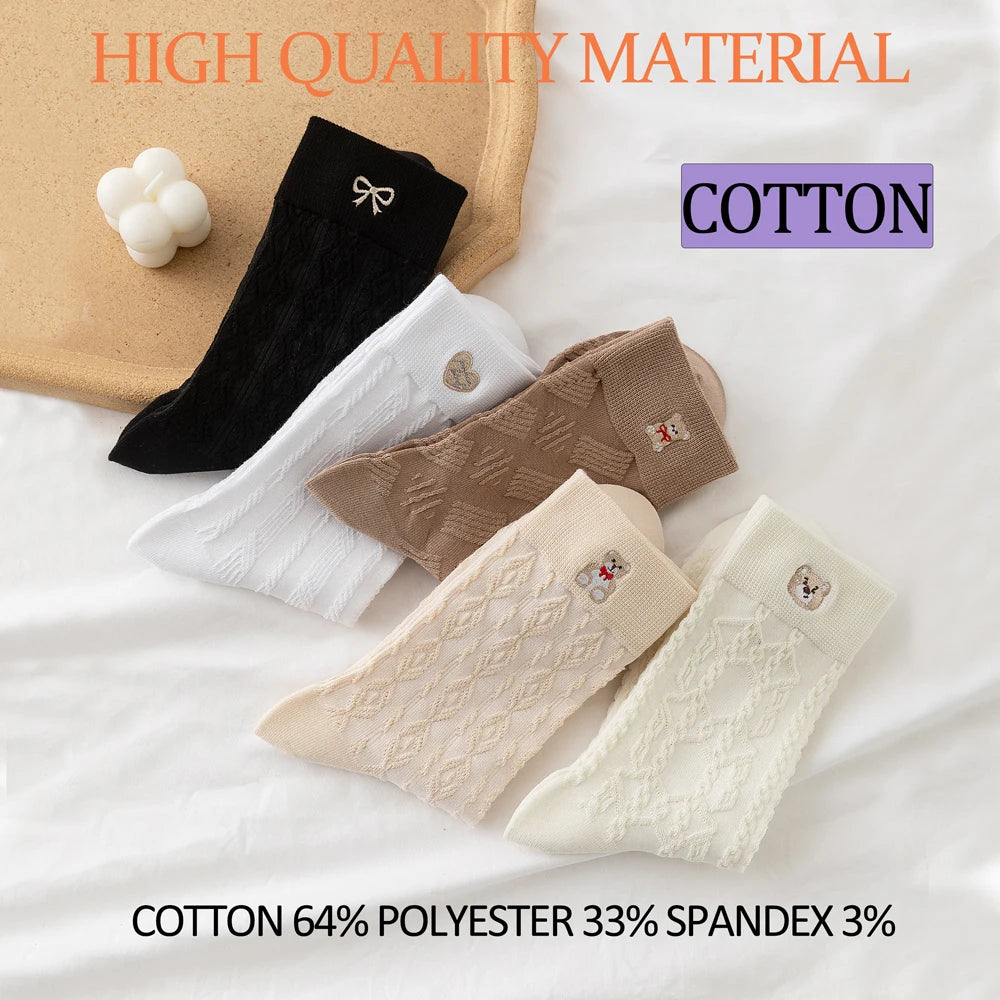 Kawaii Japanese Embroidered Cotton Mid Calf Socks 5 Pairs
