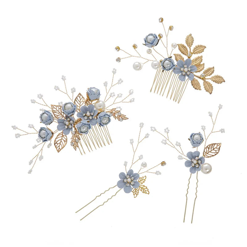 Elegant Bridal Pearl Hair Accessories Set – Floral Tiara, Barrette, and Combs for Wedding Elegance