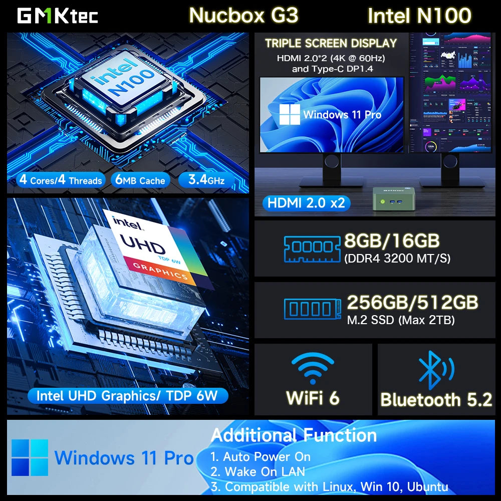 GMKtec G3 Mini PC Intel Alder Lake N100 Windows 11 Pro 8GB 16GB DDR4 256GB 512GB PCIe M.2 SSD WiFi 6 Bluetooth 5.2 Compact Desktop Computer
