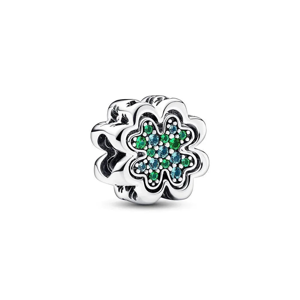 Lucky Four Leaf Clover Dangle Charm Sterling Silver Family Tree Flower Bead Pendant for Bracelets and Necklaces