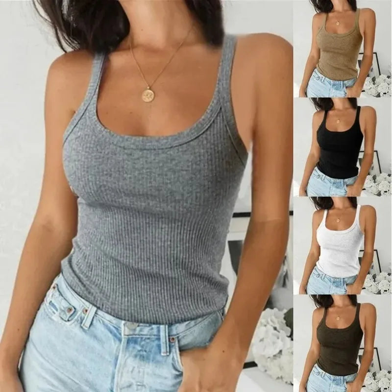 Versatile Sexy Round Neck Solid Spandex Blend Top for Women American Retro Style Outer Inner Wear