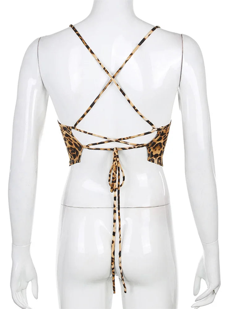 Leopard Print Backless Lace Up Crop Tank Top Summer
