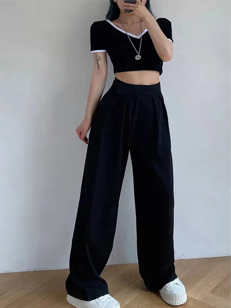 Women Chic Korean Office Wide Leg Vintage Straight Trousers