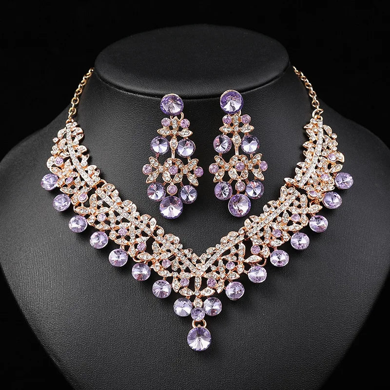 Rhinestone Luxury Flower Choker Necklace & Earrings Set - Top-Rated Bridal Jewelry Gold Purple