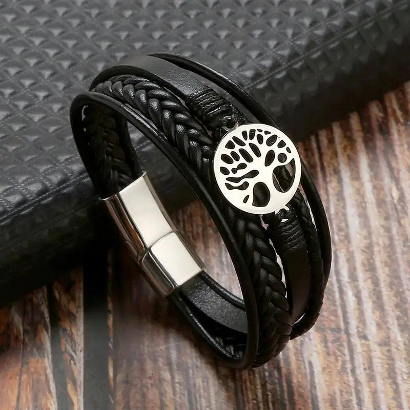 Men's Leather Bracelet with Stainless Steel Tree of Life Charm - Stylish Multi-Layer Fashion Accessory
