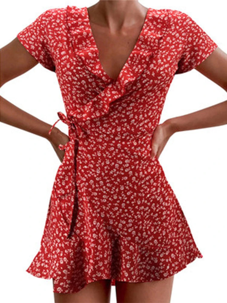 Summer Floral Bandage Mini Dress V Neck Ruffles A Line Chic