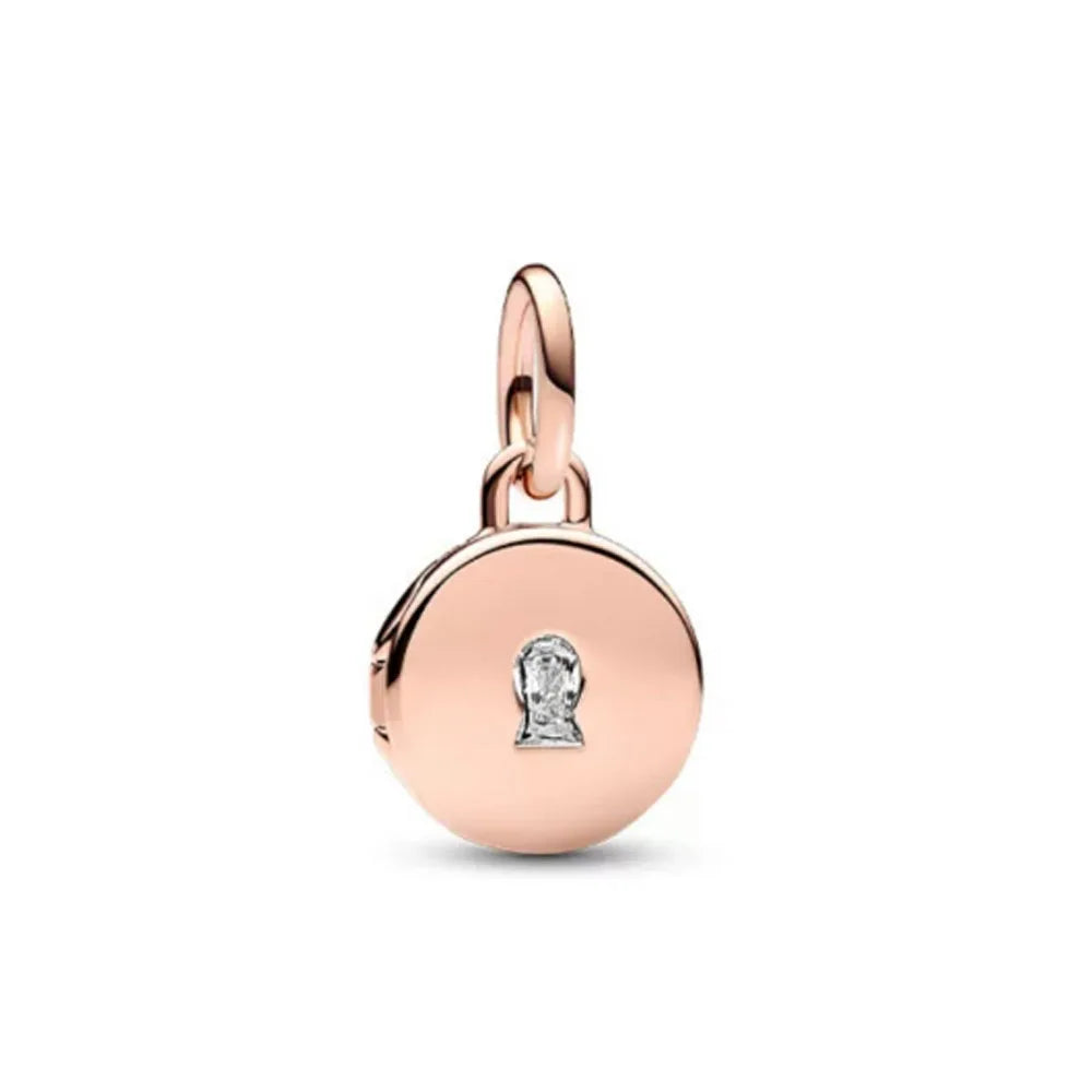 Rose Gold Padlock Heart Key Pendant Necklace for Women 925 Silver with Zircon Beads P2049