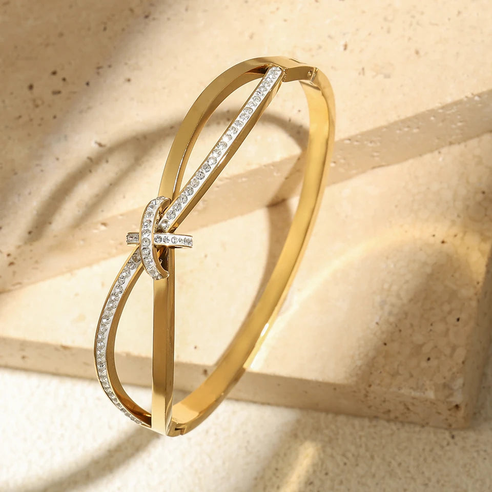Gold Crystal Nail Head Cross Stainless Steel Women's Cuff Bracelet