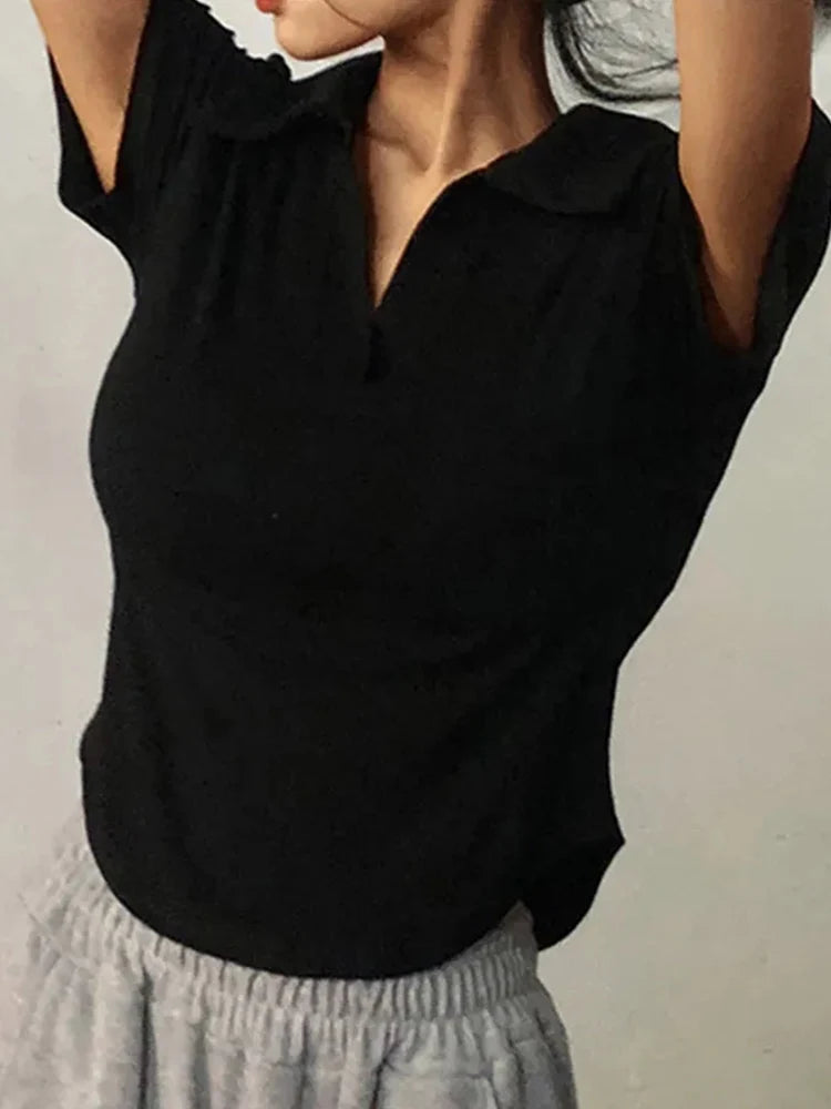 Women Summer Crop V Neck Slim Short Sleeve Knit Top