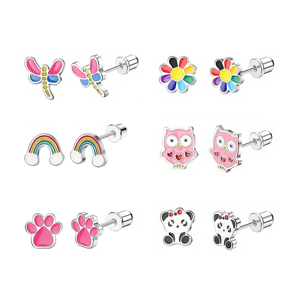 Charming Animal and Flower Stud Earrings Set for Girls with Secure Screw-Backs