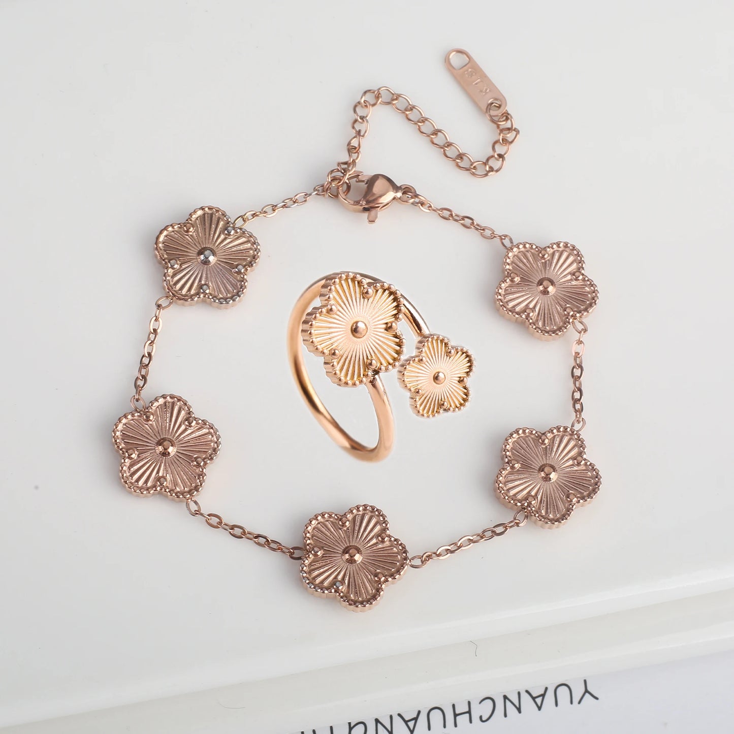 Luxury Stainless Steel Five Leaf Flower Jewelry Set for Women Featuring Bracelet Necklace Earrings and Rings