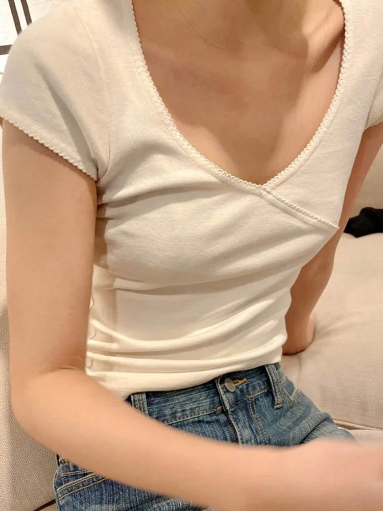 Vintage Slim V Neck Cotton Streetwear Tee Y2K Cute Femme