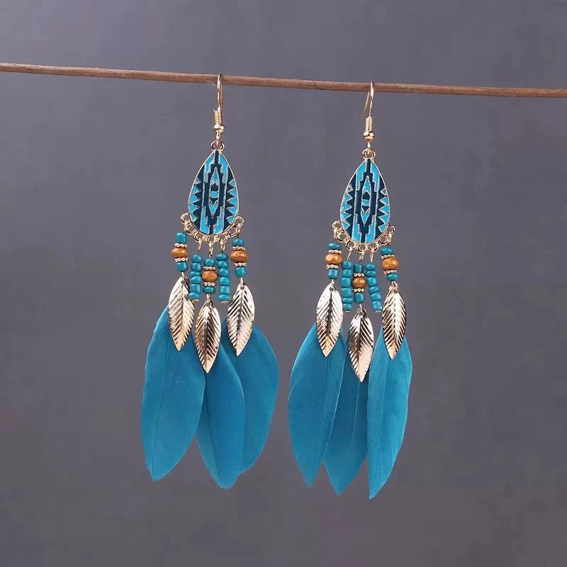 Bohemian Long Feather Drop Earrings with Tassel Beads and Enamel Flowers for Women