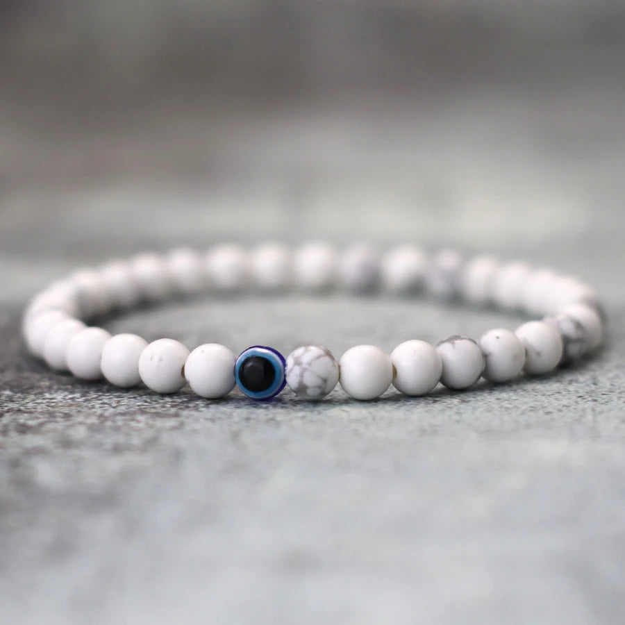Men's Howlite Beaded Bracelet with Turkish Evil Eye for Meditation and Healing