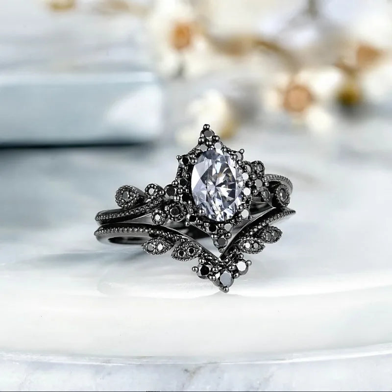 Elegant Black Stone Flower Rings Set for Women - Classic Party Jewelry Gift