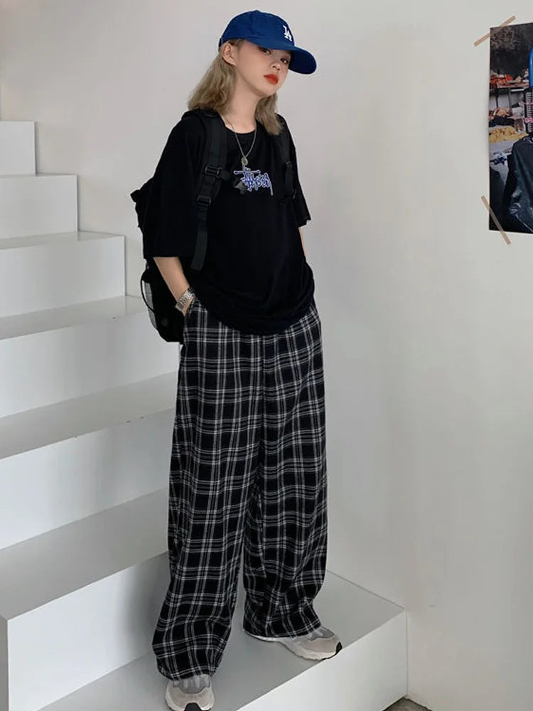 Black Plaid Wide Leg Pants Women Casual Harajuku Streetwear
