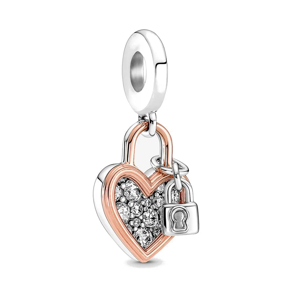 Rose Gold Padlock Heart Key Pendant Necklace for Women 925 Silver with Zircon Beads P966