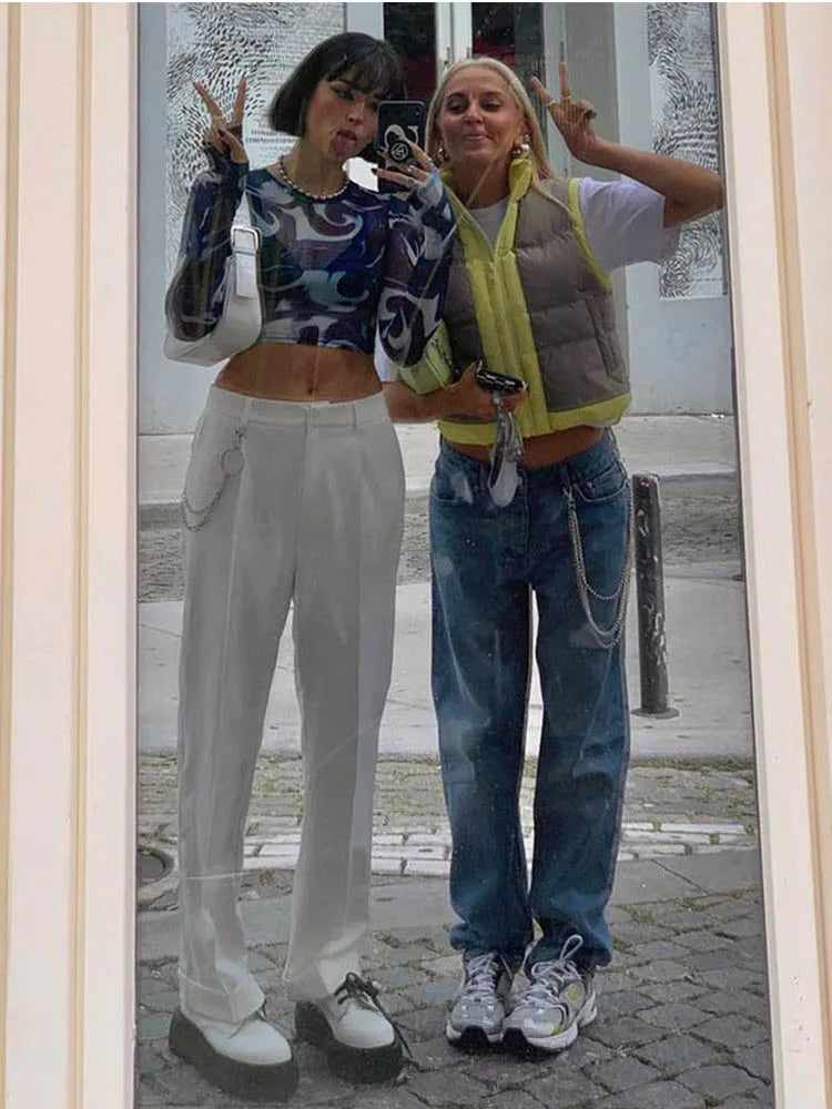 Mesh Crop Tops Women Harajuku Y2K Round Neck Sheer Print