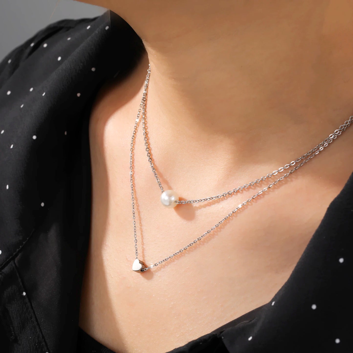 Skyrim Tiny Heart Choker Necklace Stainless Steel Double Layered Beads Chain Aesthetic Jewelry Gift for Women